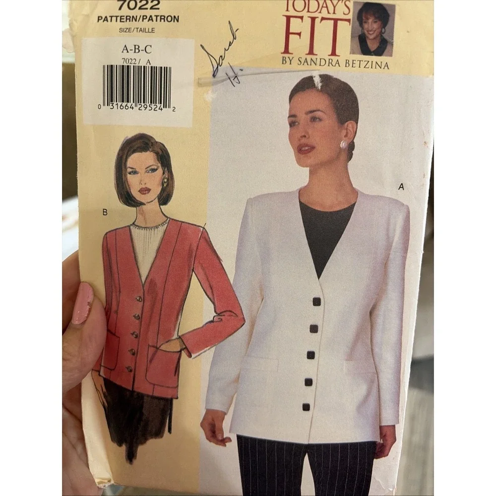 Vogue 7022 Today’s Fit Sandra Betzina Jacket Sewing Pattern Uncut Size ABC 1999
